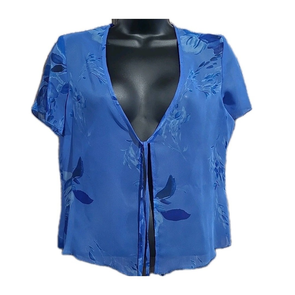 Blue Floral Mesh Tie-Front Shrug Bolero Sz 6 Y2K Fairy Whimsical CoverUp Wedding